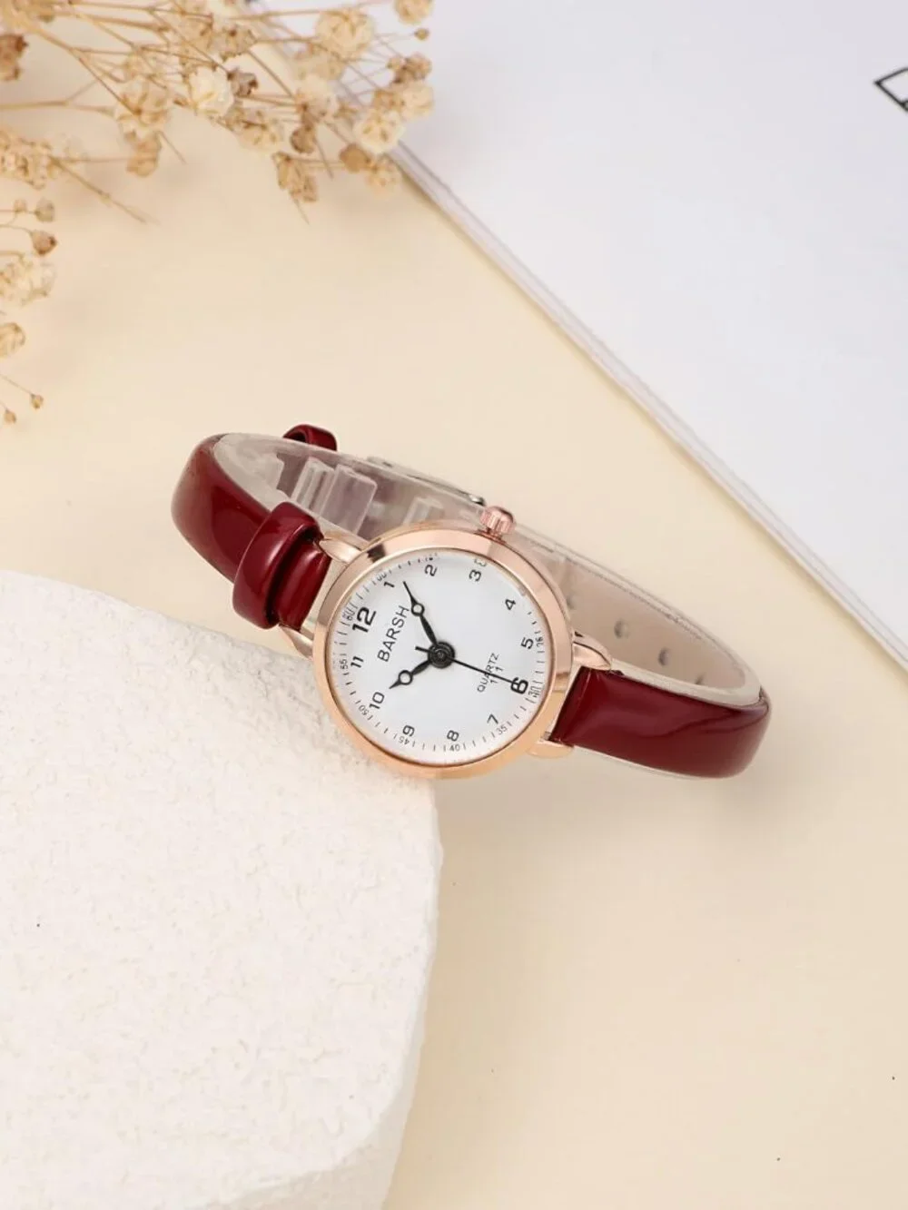 Women's Red And White Analog Quartz Classic Round Case PU Leather Wrist Watch